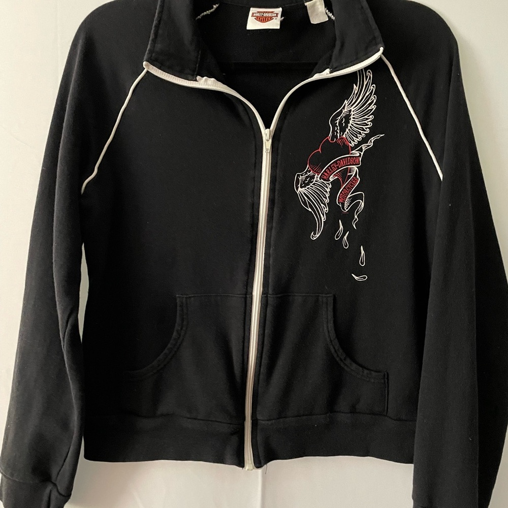 Harley Davidson woman’s black jacket with white piping size L